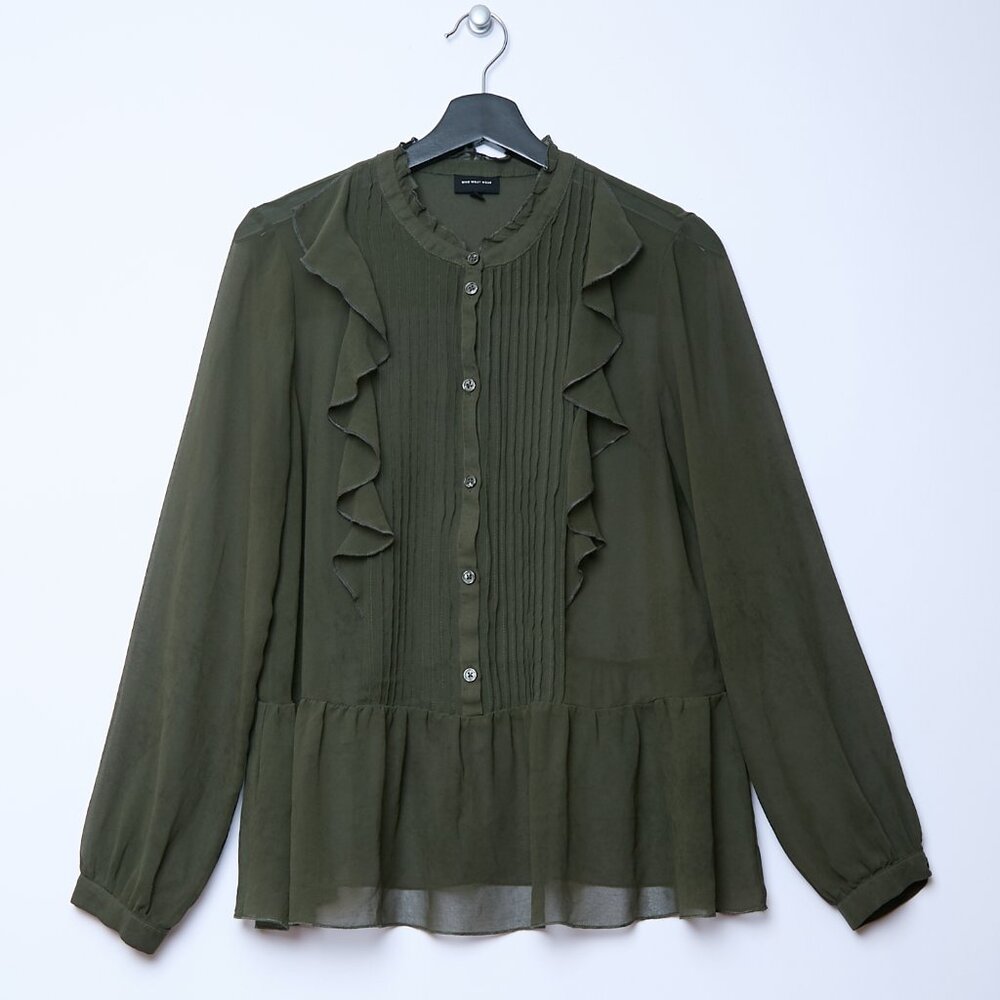 Who What Wear Sheer Ruffle Pleated Blouse Olive Green Romantic Flowy L